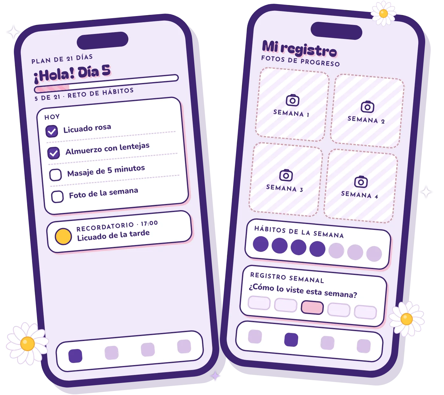 Dos pantallas de la app: el plan de 21 días con el checklist del día y la sección Mi registro con fotos de progreso y hábitos